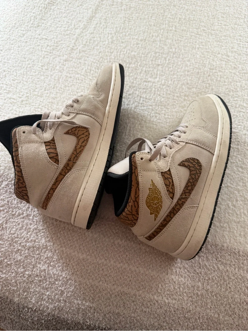 Jordan High-Top Sneakers in Beige with Brown Elephant Print